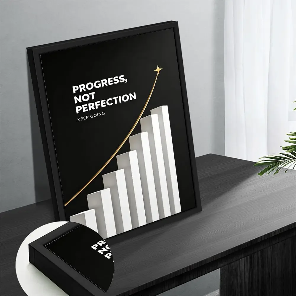 Framed Canvas Wall Art Progress Not Perfection Motivational Quote Poster Inspirational Decor for Living Room Bedroom Office