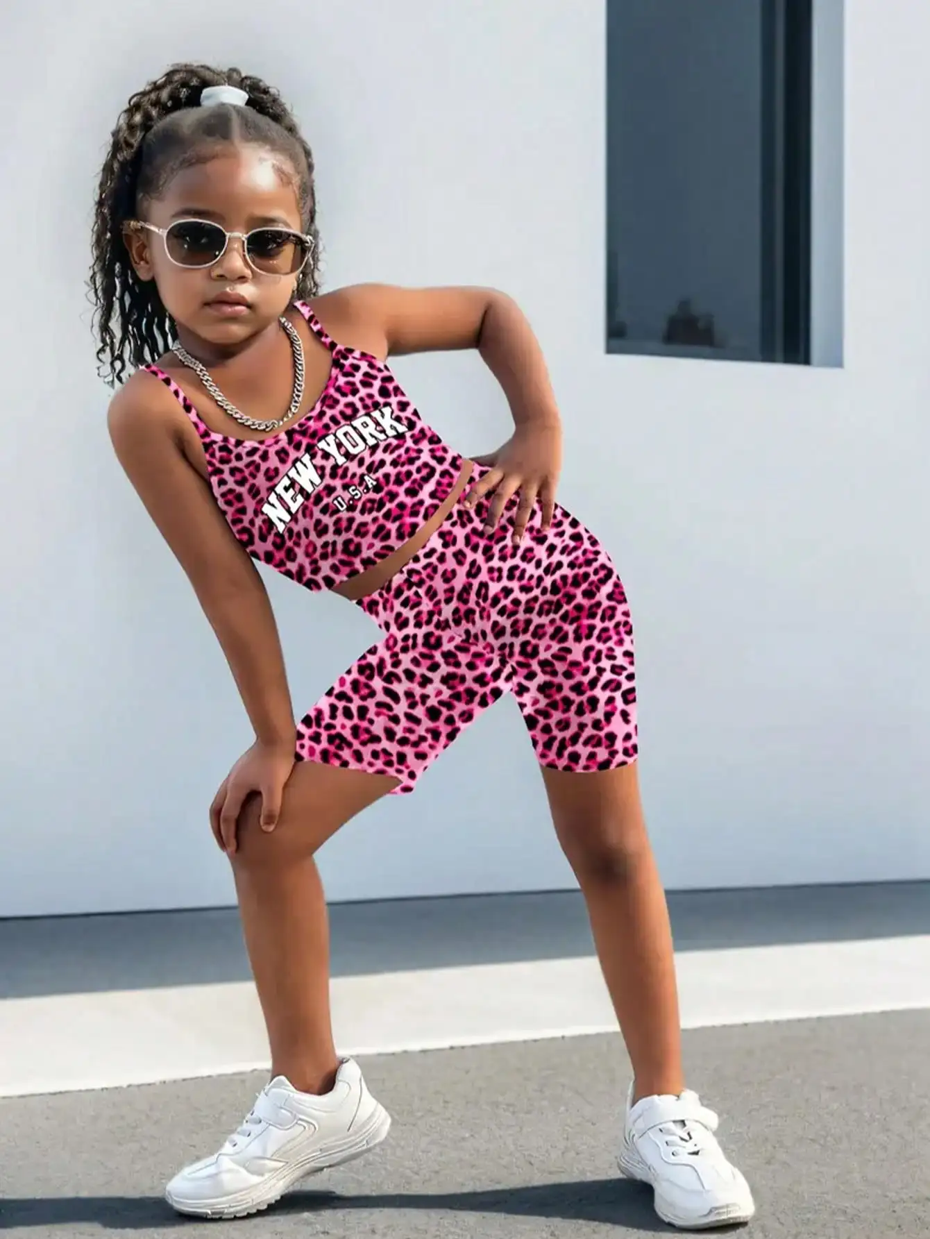 Children's clothing set with fashionable leopard print letter printed tank top and elastic waist leopard print shorts set