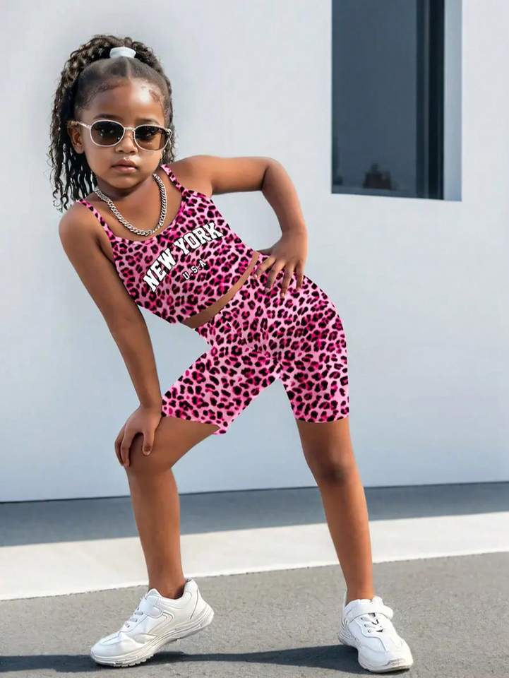  Children's clothing set with fashionable leopard print letter printed tank top and elastic waist leopard print shorts set 