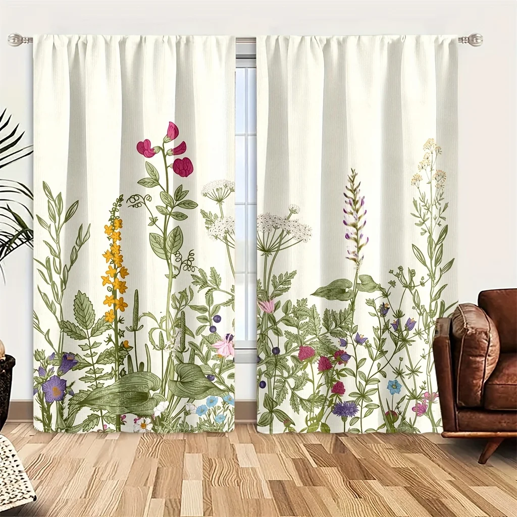 

2pcs Botanical Curtains Green Leaves Plant Floral Jungle Window Curtains Wildflower Flower Rod Pocket Curtains For Living Room