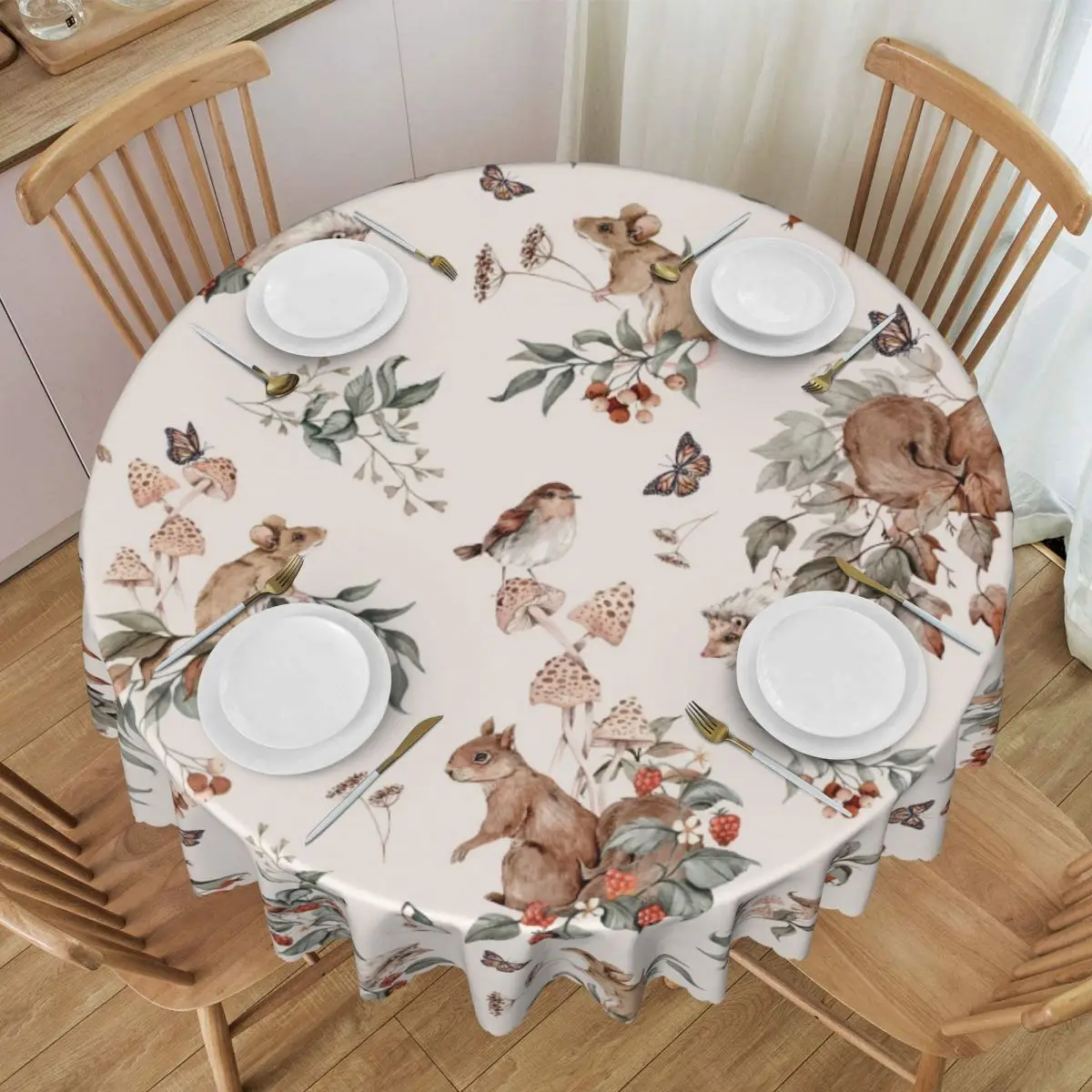 Customized Round Fall Autumn Squirrel Bird Butterfly Tablecloth 60 inches Kitchen Dinning Table Cloth Spillproof Table Covers