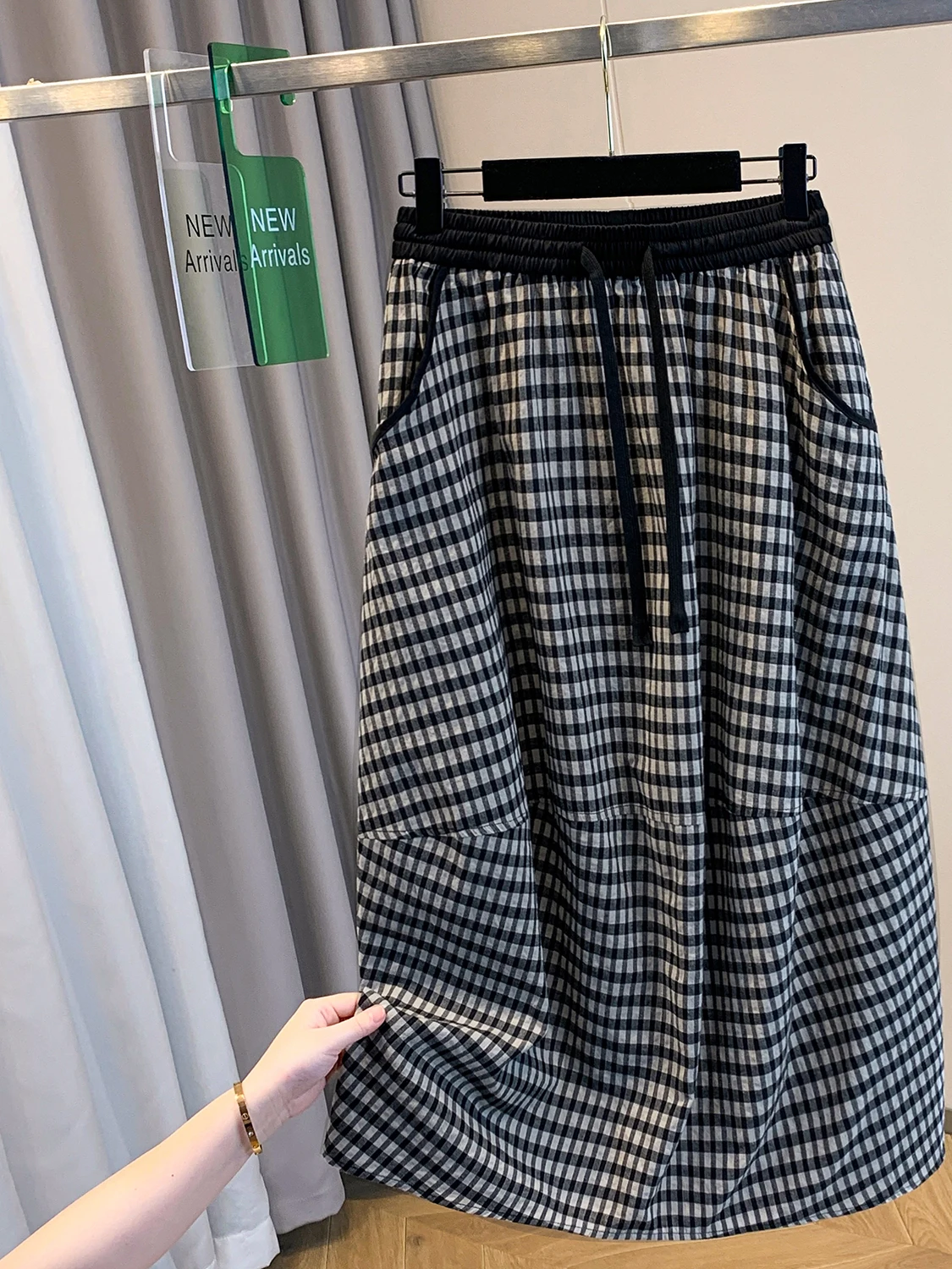 Summer 2025 Plaid Belted Elastic Waist Versatile Midi Skirt plus Size Women's Retro Slimming A-Line Skirt Casual Cotton Blend