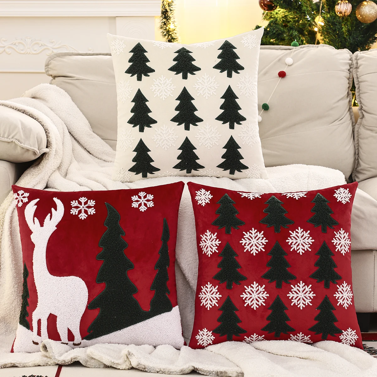 1PC Weihnachtsbaum Dekokissenbezug Samt Stickerei Schneeflocke Weihnachtsdekoration Wohnzimmer