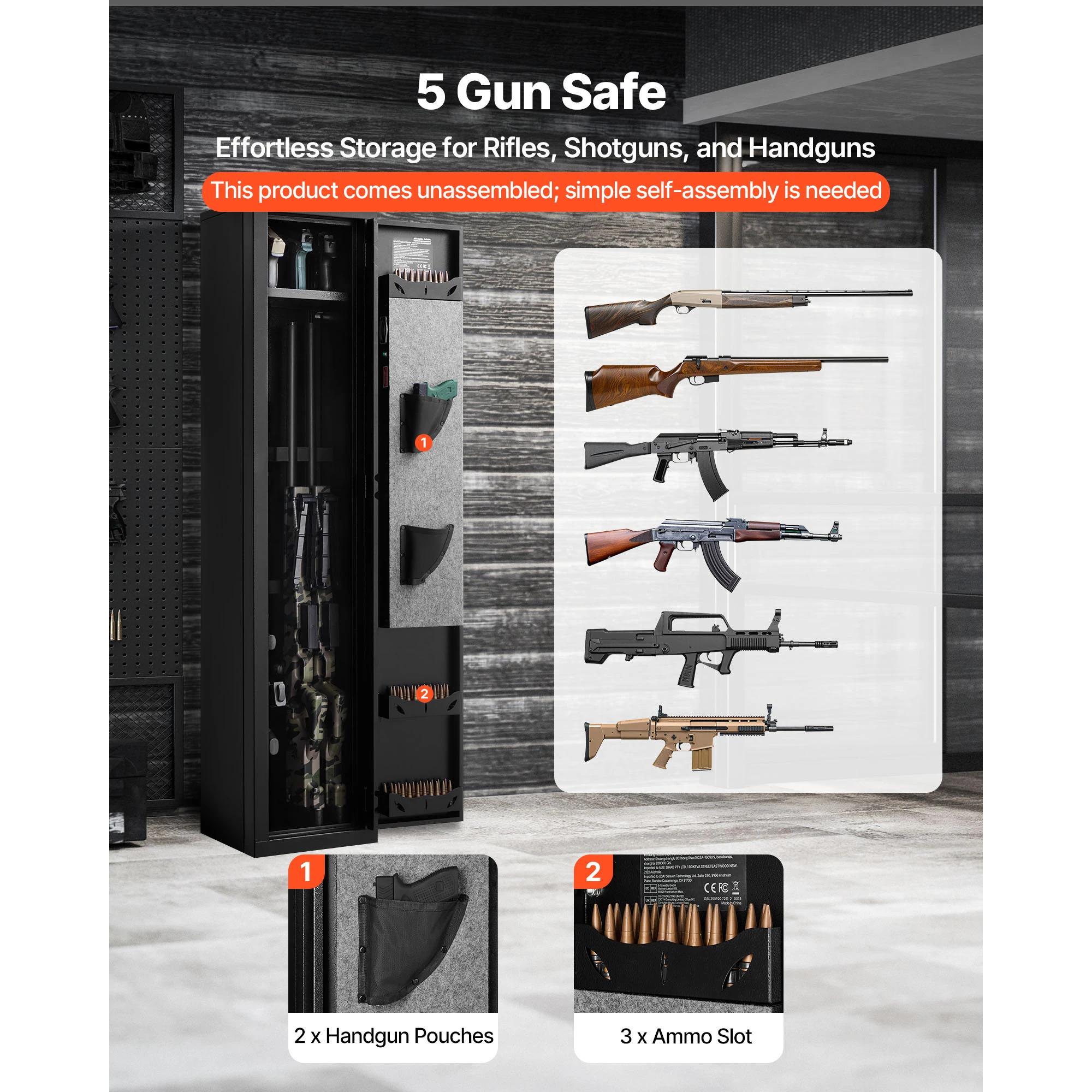 Gun Safe, Heavy-Duty Cold-Rolled Steel Fireproof Rifle Cabinet with Fingerprint, Digital Keypad & Key, Large Long Gun Cabinet with Magazine and LED, Adjustable Racks for Rifles, Pistols, Shotgun