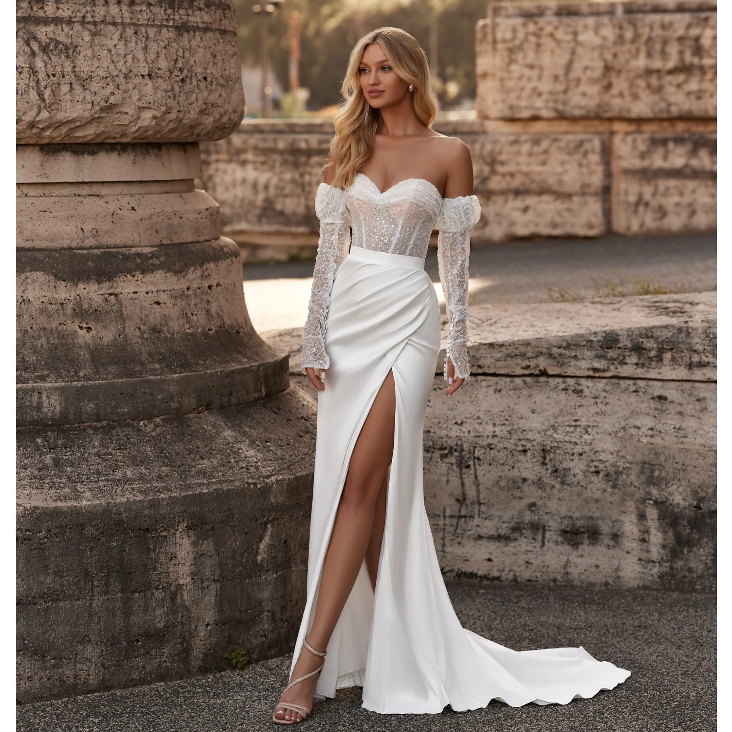 

Shiny Sweetheart Mermaid Wedding Dresses Soft Stain Beading Women Bridal Gowns Customized Side Slit Vestidos De Mariee