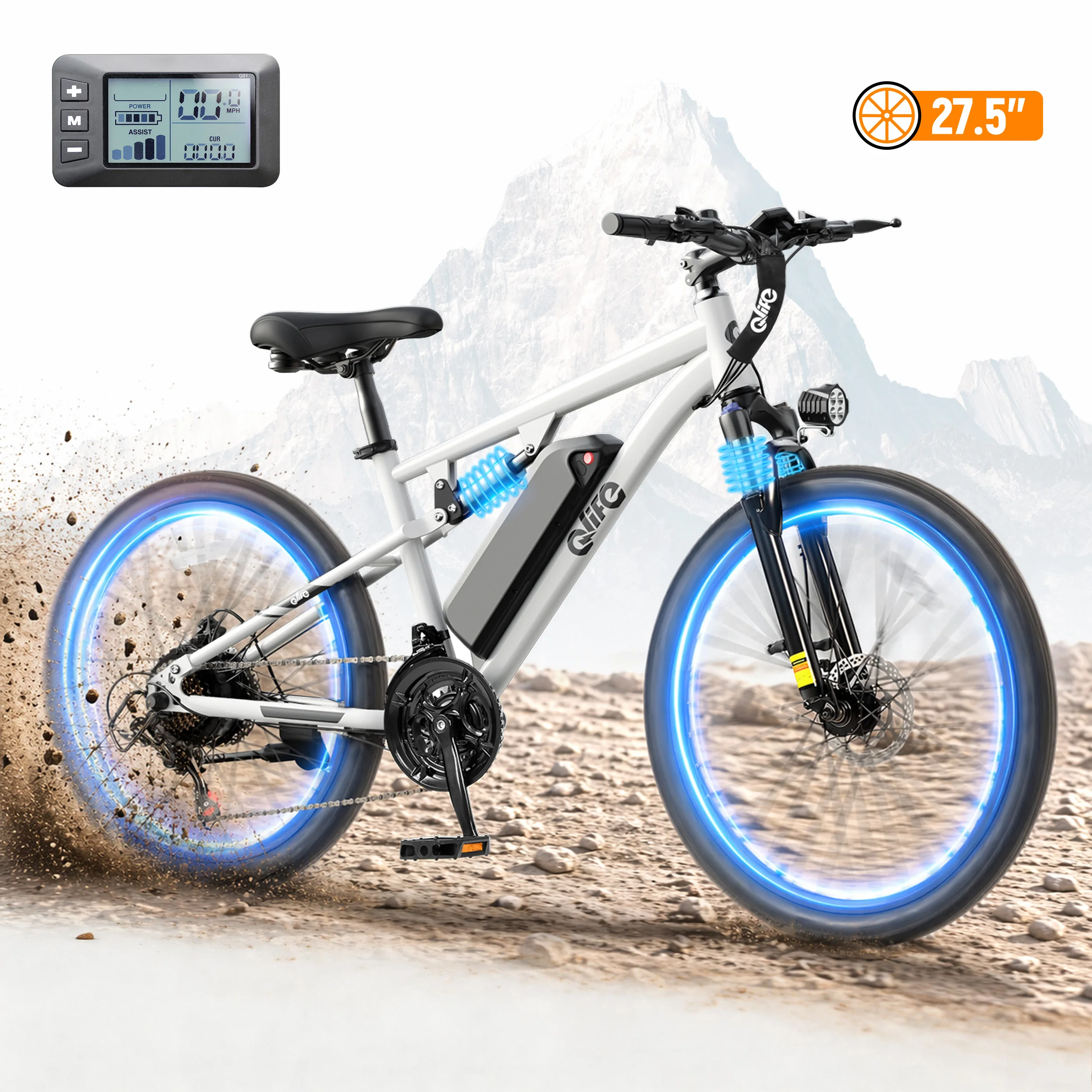 Qlife Racer Ultra Electric Bike for Adults, Peak 1200W 48V 10.4Ah,  27.5" Tire Electric Mountain Bike, 28MPH 55 Miles Off-road Electric Bicycle, 21-Speed E-Bicycle with Full Suspension image 2