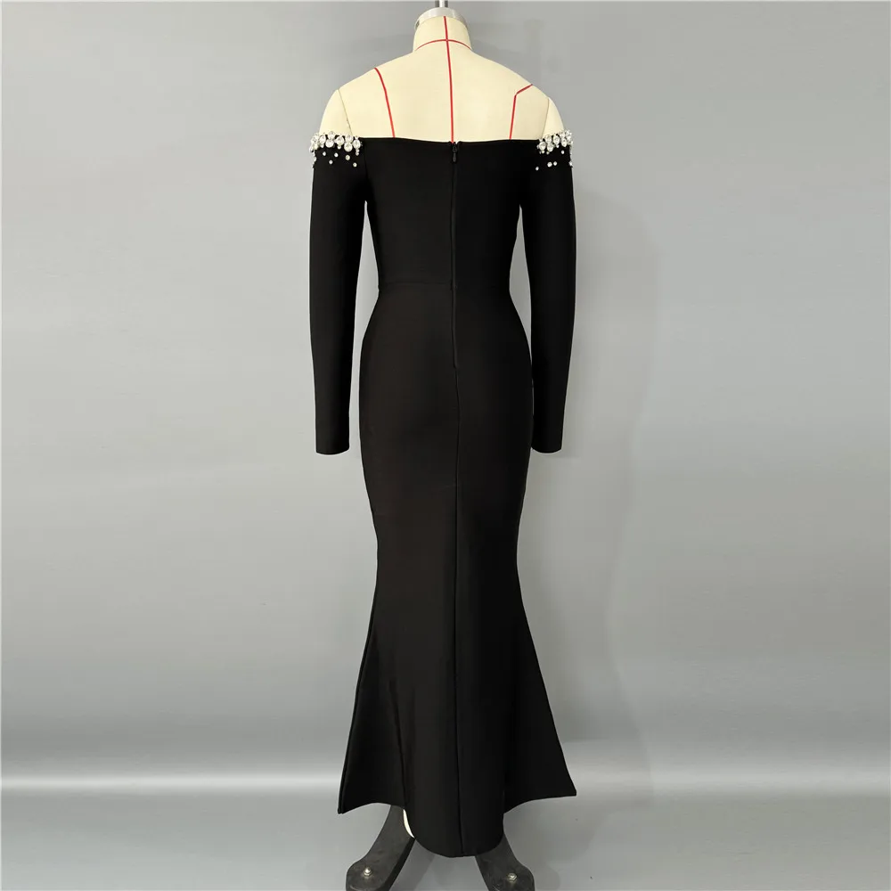 Women Elegant Beading Bandage Dress Sexy Off The Shoulder Long Sleeve Clothes Celebrity Party Trumpet Dresses