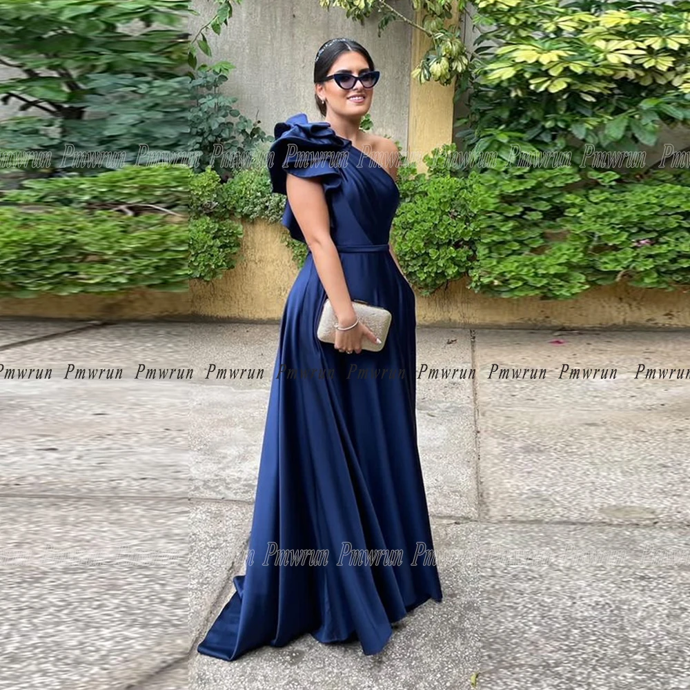 Elegante vestido de noche Formal de satén azul marino, un hombro con fruncido hasta el suelo, una línea plisada, fiesta de invitados de boda, 2023