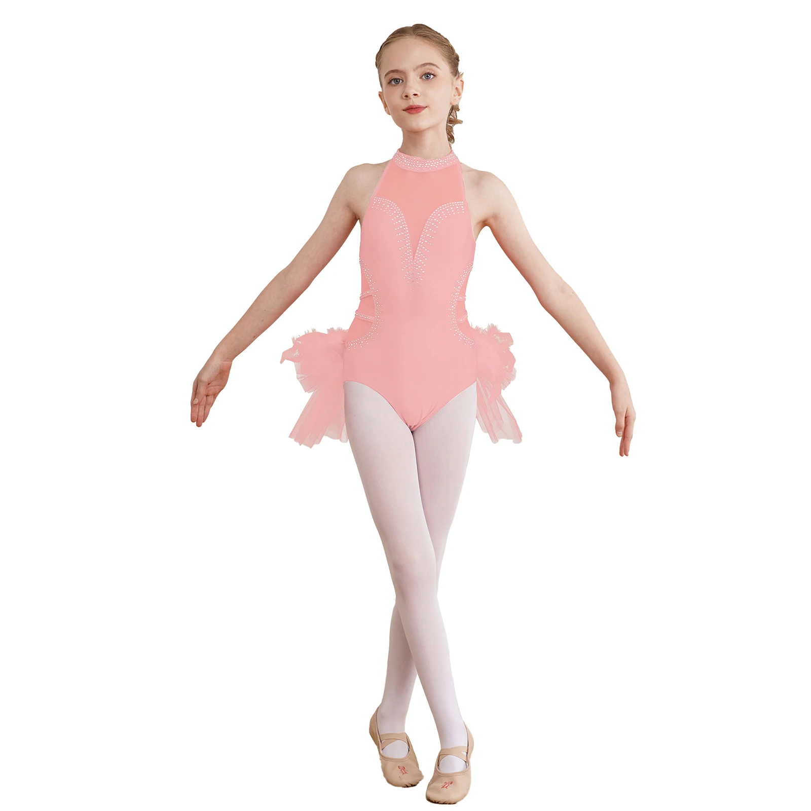 Kids Girls Rhythmic Gymnastics Leotard Dance Jumpsuit Ballet Tutu Sleeveless Tulle Skirted Skating Bodysuit Performance Costume