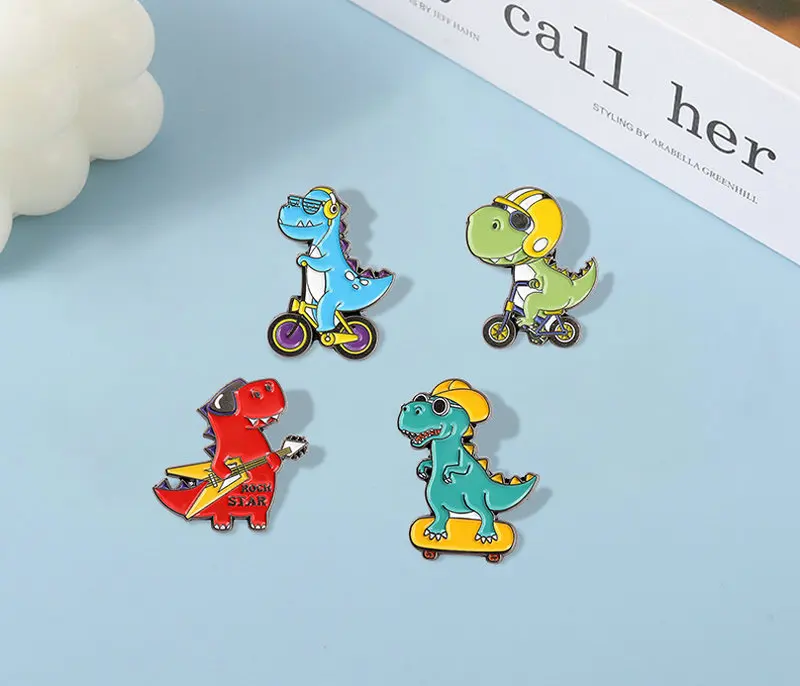 Enamel Pins Our Life Cute Cycling Animal Brooches Lapel Badge Fun Cartoon Jewelry Gift for Kids Friends Rock Young Dinosaur