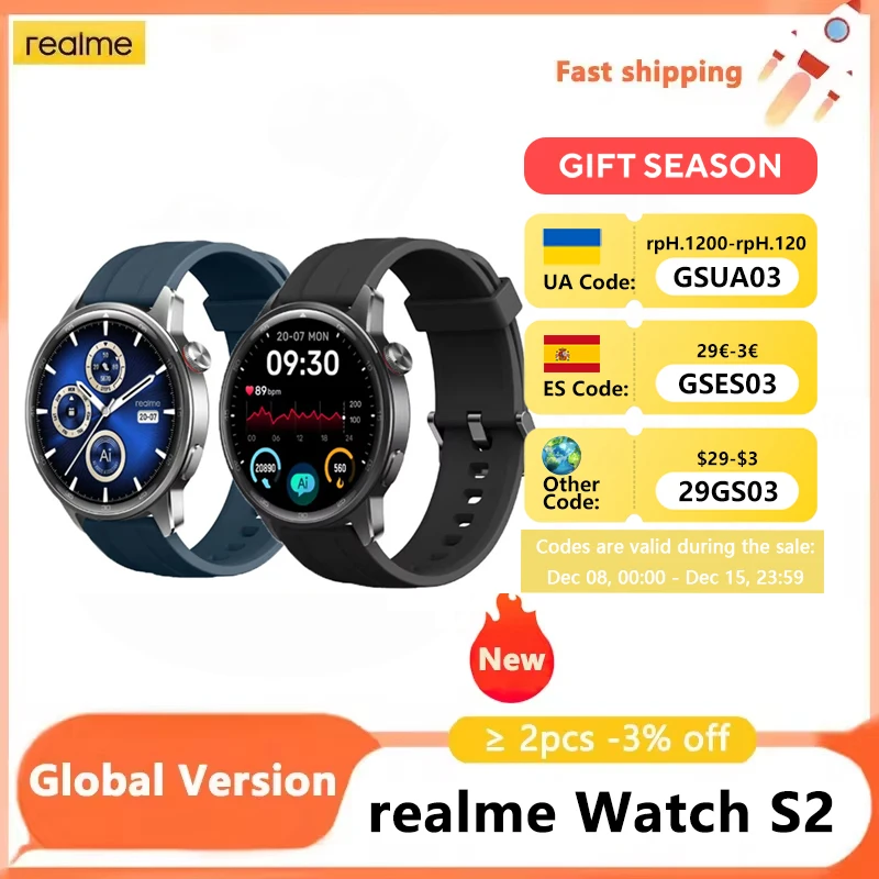 New realme Watch S2 SmartWatch 1.43'' AMOLED Display Blood Oxygen Sensor IP68 Waterproof 20 Days Battery Life Watch