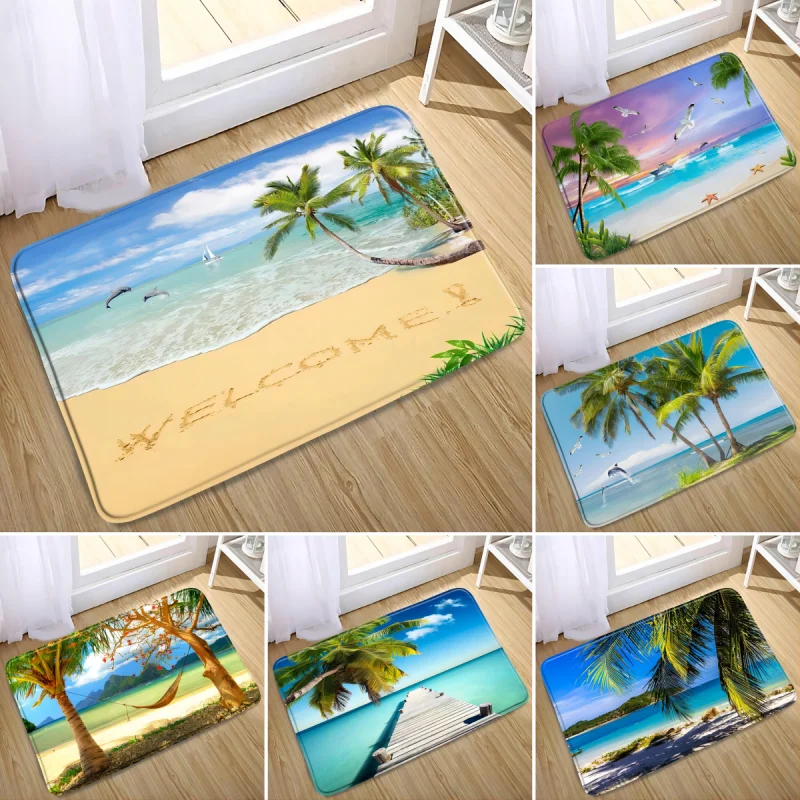 Ocean Landscape Printed Bath Mat Non Slip Rug Sea Beach Super Absorbent Bathroom Doormat Home Room Decor Doorway Entrance Carpet