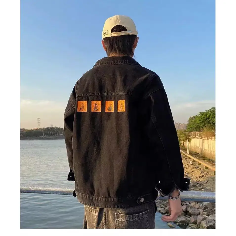 

plus Size Men's Casual Loose Fit Denim Jaet Spring Autumn New Sle Embroidered Collar Trendy Outerwear for Teenagers