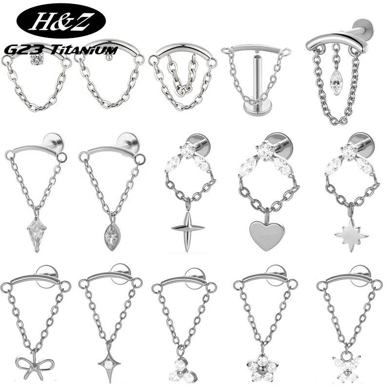 1PC G23 Titanium Ear Stud Internal Thread Flatback Tassel Pendant CZ Dangle Chain Helix Cartilage Tragus Labret Piercing Jewelry