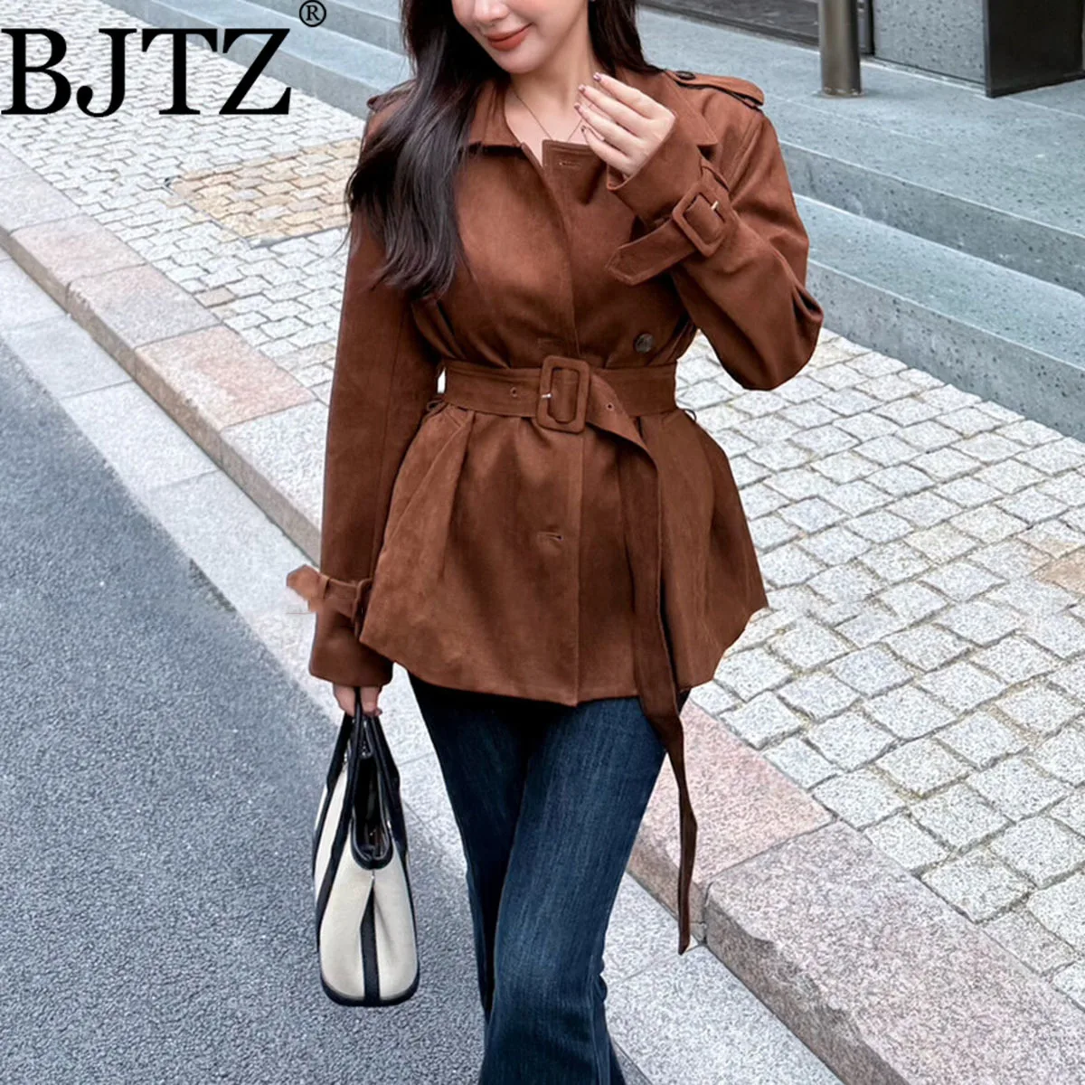 

BJTZ Women's Classic British Style Suede Trench Coat Belted For Autumn Winter Vintage Office Casual Wear