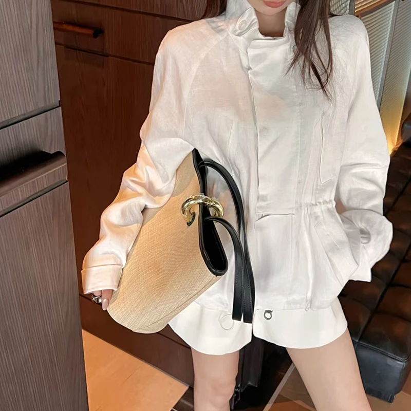 

Женская куртка на талии на шнурке, льняной топ, модная повседневная универсальная куртка, высокое качество, 2025, осень, новый стиль