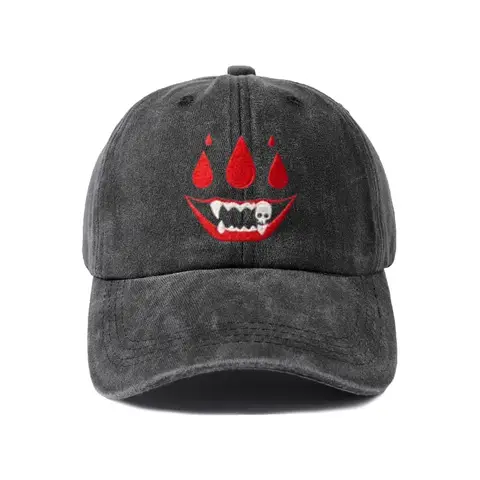 Red Monster Mouth Graphic Baseball Cap, Vintage Washed Adjustable Unisex Dad Hat, Casual Gift