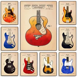 Electric Bass Guitar Illustration Music Instrument Blueprint Poster Canvas Picture Wall Music Room Recording Studio Decoration