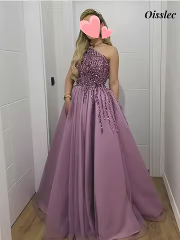Oisslec Dress Elegant Vintage Sweet Purple Beading Sequins One Shoulder Customize Formal Occasion Prom Dress Evening Party Gowns