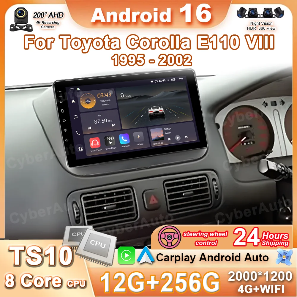 For Toyota Corolla E110 VIII 1995-2002 RHD Car Radio Stereo Multimedia DSP Player GPS Wireles Carplay Android Auto Tooch Screen