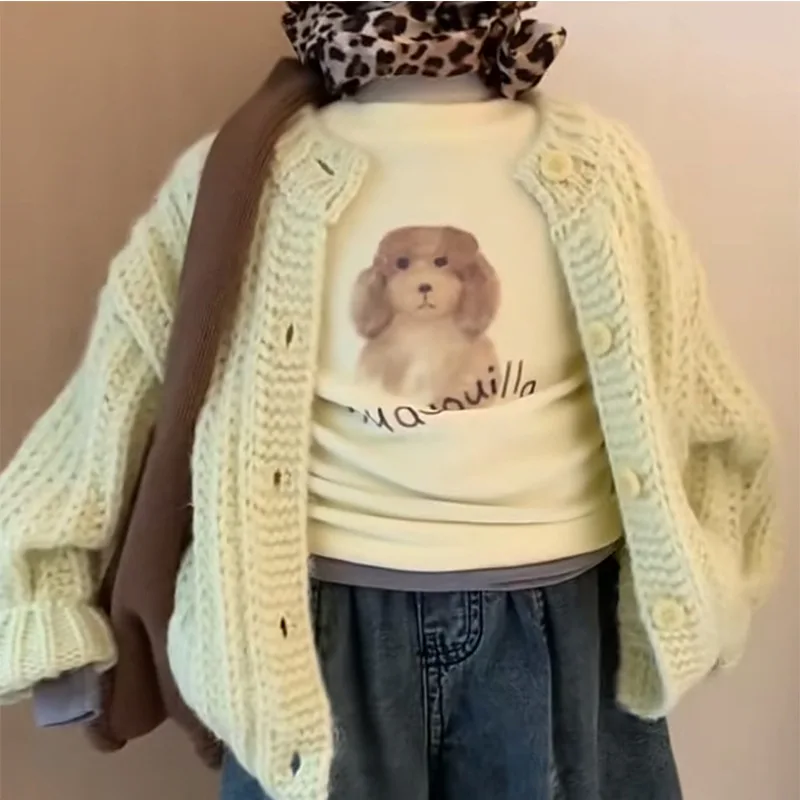 2025 Girls Autumn Green Coarse Needle Woolen Coat Cartoon Inner Base Shirt Wide Leg Jeans Three Piece Set