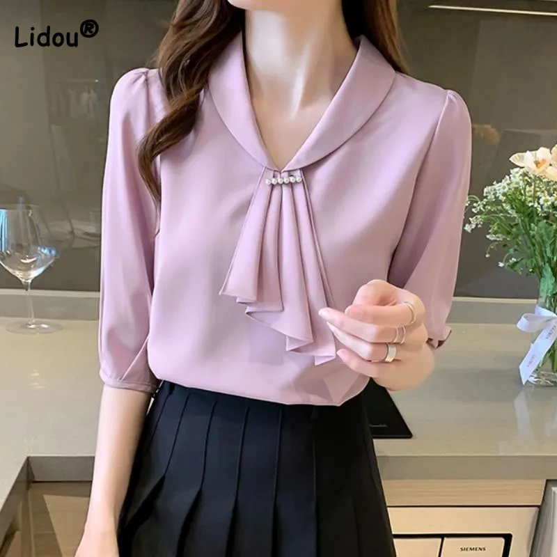 Women\'s Clothing Chic V-Neck Spliced Fashion Chiffon Shirt Summer New Commute Office Lady Korean Beading Solid Color Blouses