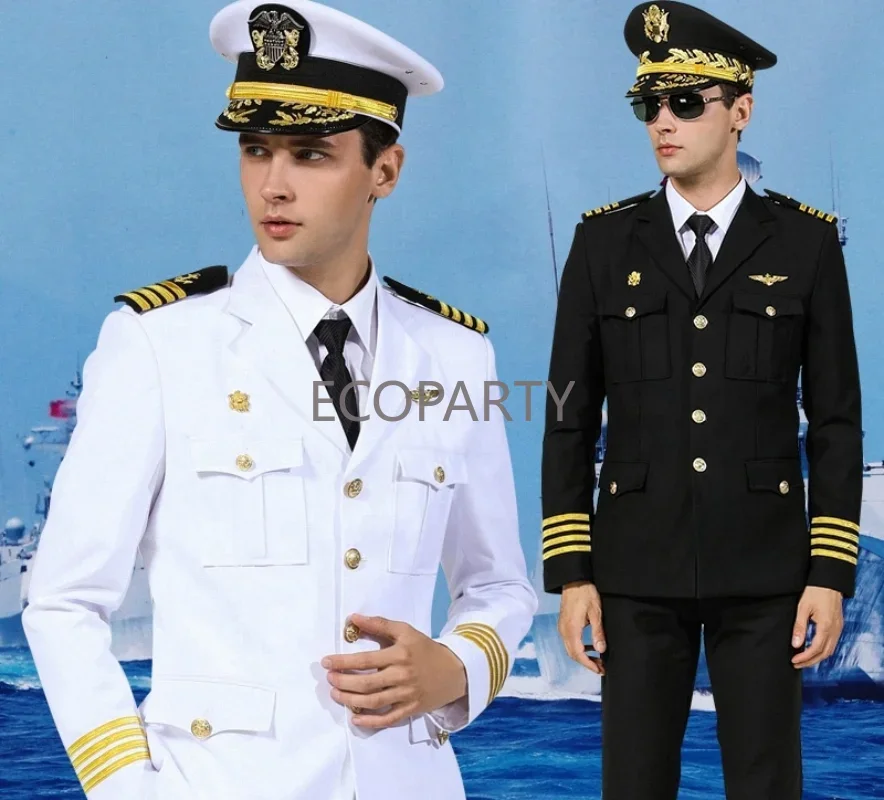 New Uniform Captain and Seafarer Clothes Men American Formal Attire Suits Jacket + Pants Aircraft Commander Mens Suits 2 Piece