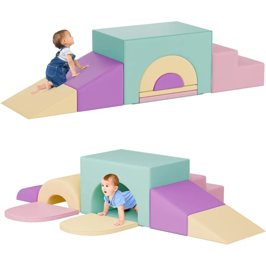 

TOLEAD Soft Foam Climbing Blocks Set Large 5-in-1 Pink Foam Playset for Nursery and Preschool Crawling Sliding Climbing Arch To