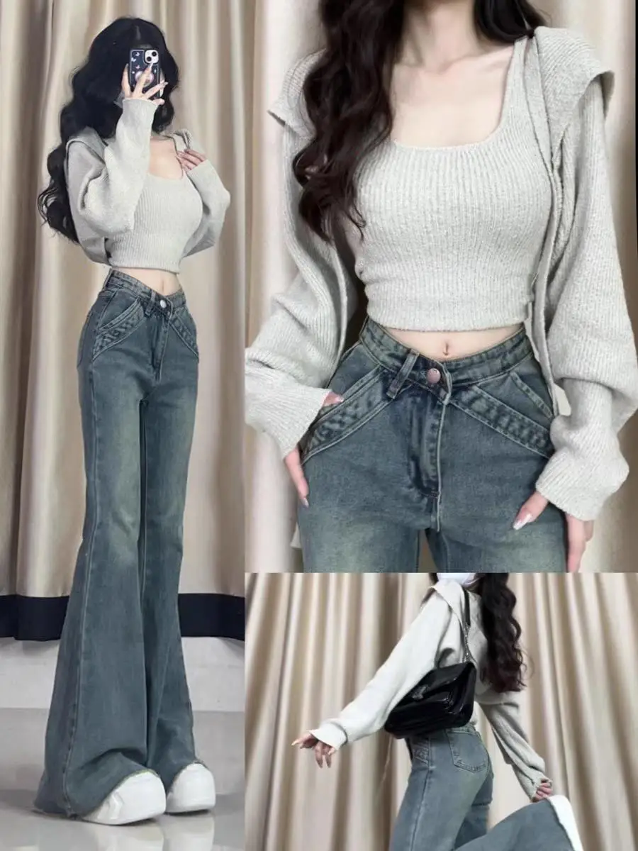 

Women's Autumn 2024 Slimming Hot Girl Set with Hoodie Strap Top Knitted Jacket Jeans Three-Piece Set French Style Fashionable