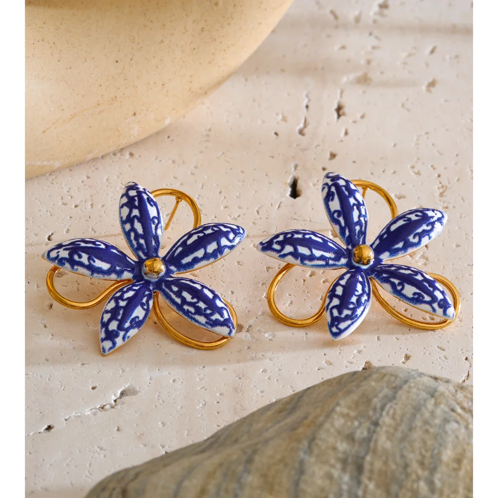 Yhpup Stainless Steel Blue Imitation Ceramic Flower Stud Earrings for Women Summer Daily Fresh Gold Color Popular Europe Jewelry