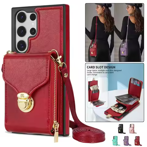 Lanyard Leather Zip Wallet Phone Case for Samsung Galaxy S25 S24 Ultra S23 FE S22 Plus S21 S20 A54 A14 A53 A13 Flip Stand Cover