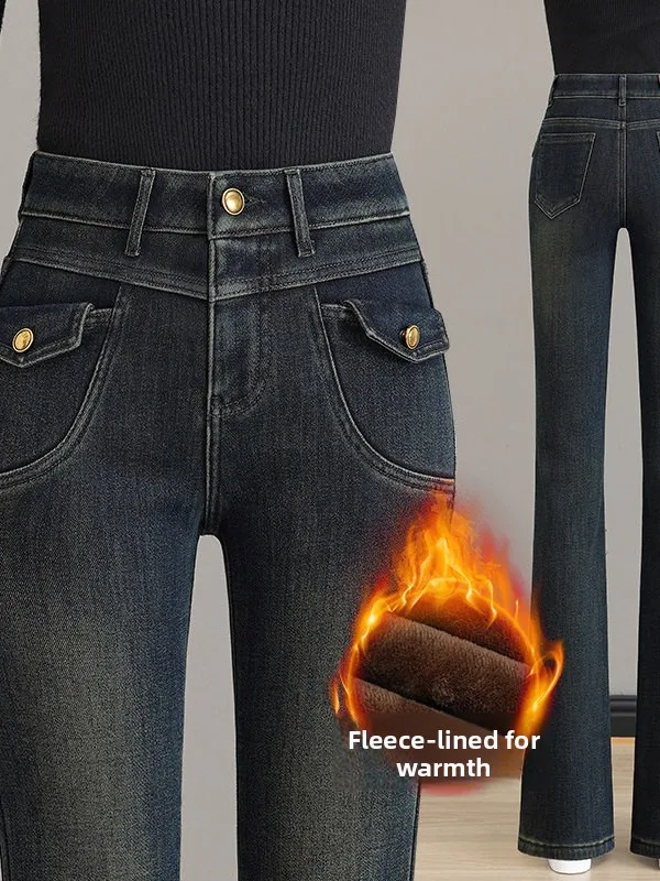 

High Waist Fce Lined Slim Fit Denim Capri Pants Women's Autumn Winter New Sle Bootcut Jeans Fi Tail Thiened Hoof