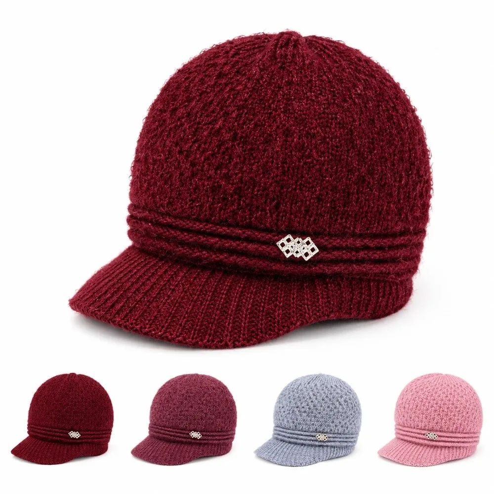 Classic Thickened Knit Mom Grandma Knitted Hat Soft Stretch Wind Resistant Winter Cap Warm Fleece Lined Hat Elder Women