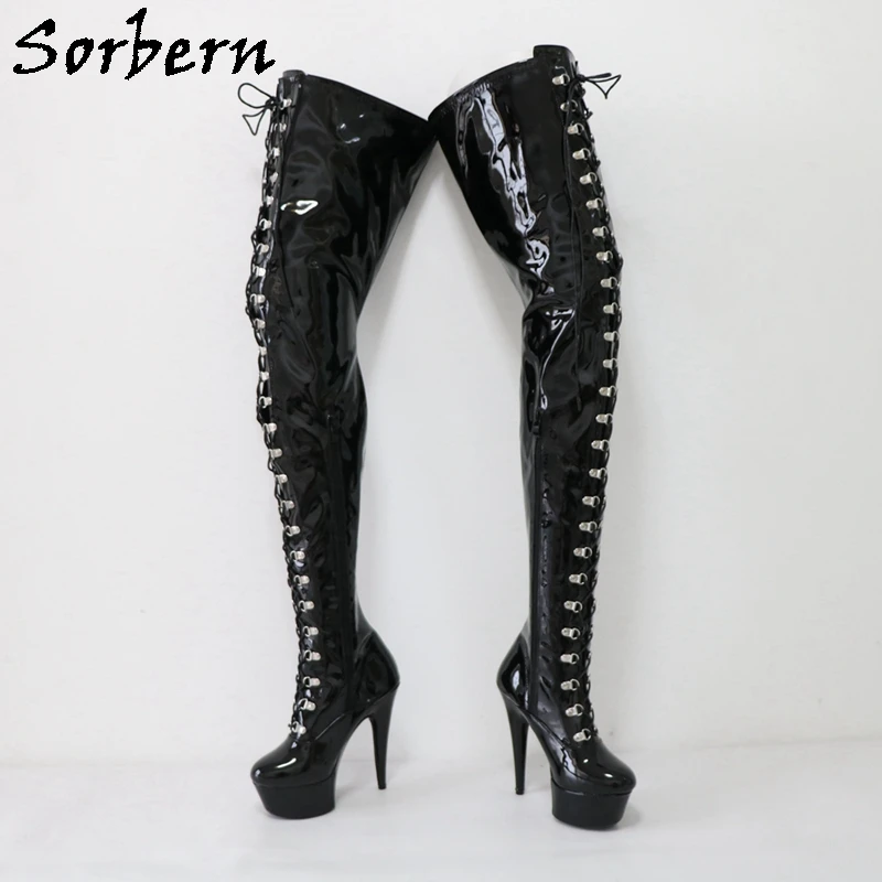 Sorbern 15Cm Platform Crotch Thigh Boots Over The Knee Laceup Zip Black Patent Custom Wide Fit Long Boots Slim Fit Shoes