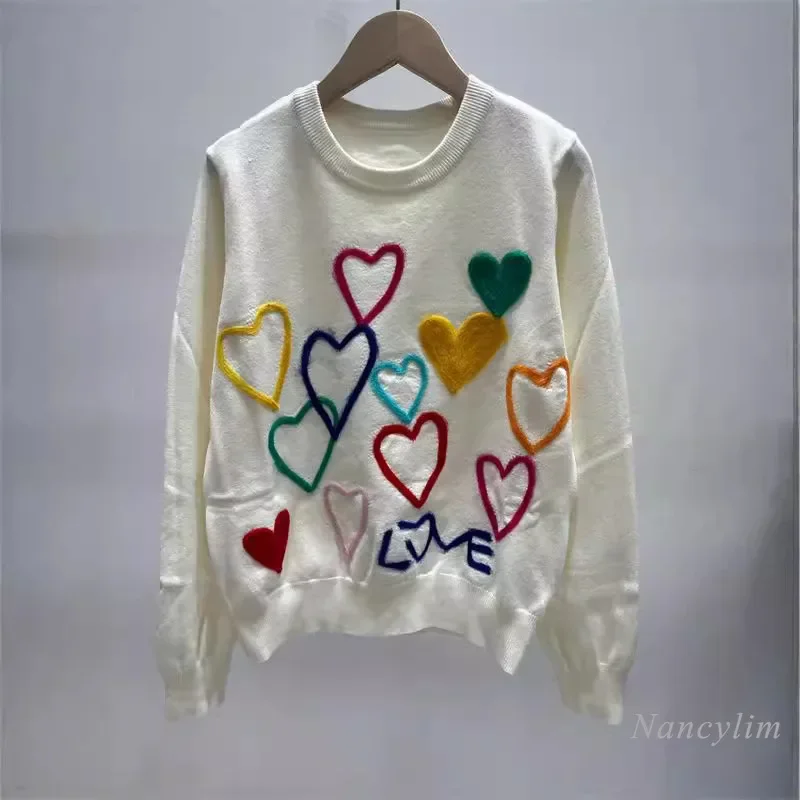 New Autumn and Winter Embroidered Love Knitted Sweater Women's Loose Fashion All-Matching Pullover Sweater Top 2024