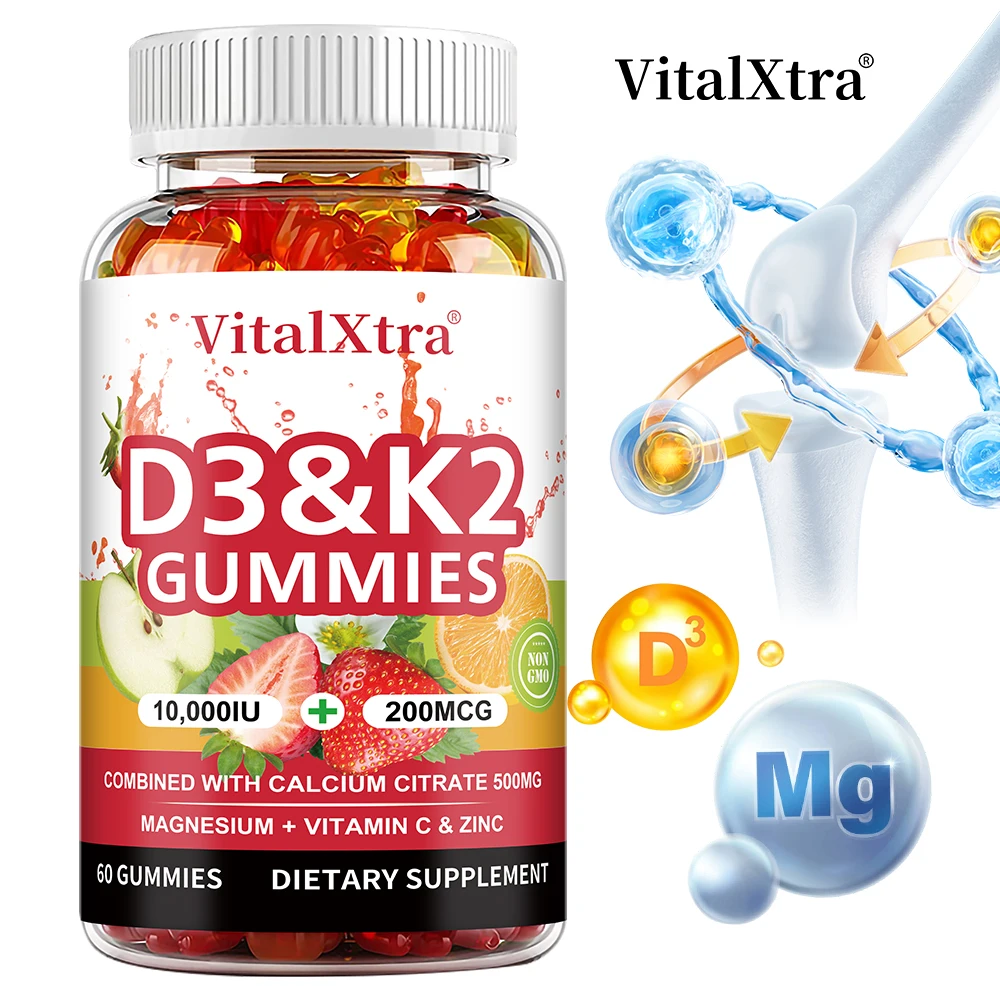 Natural Vitamin D3 K2 Gummies, Supports Healthy Bone, Joint, Teeth and Skin, Immune Health Supplement, GMO Free, Gluten Free