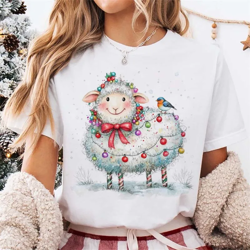 Cute Street Casual Printed Christmas Sheep Women's Holiday Basic T-Shirt White Top Fashion Cartoon Short Sleeve Winter T-Shirt