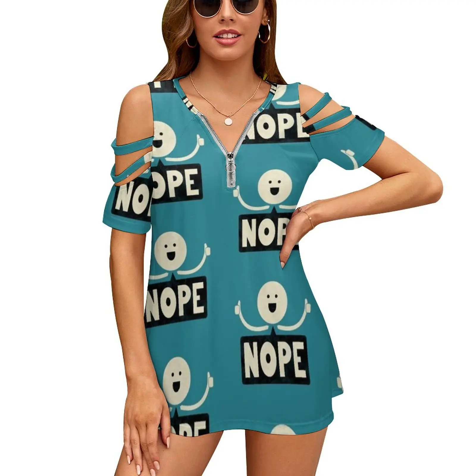 Nope Women'S T-Shirt Summer Fashion Print Floral V-Neck Zipper Tshirt Hollow Pullover Ladies Top No Funny Motivation Thumbs Up