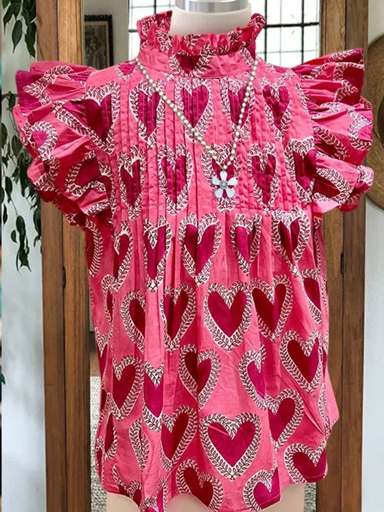 Valentine Day Pink Heart Printed Flounce Sleeve Blouse  Heart Pleated Ruffle Sleeve Top Beautiful Pleated Top O Neck Women Shirt