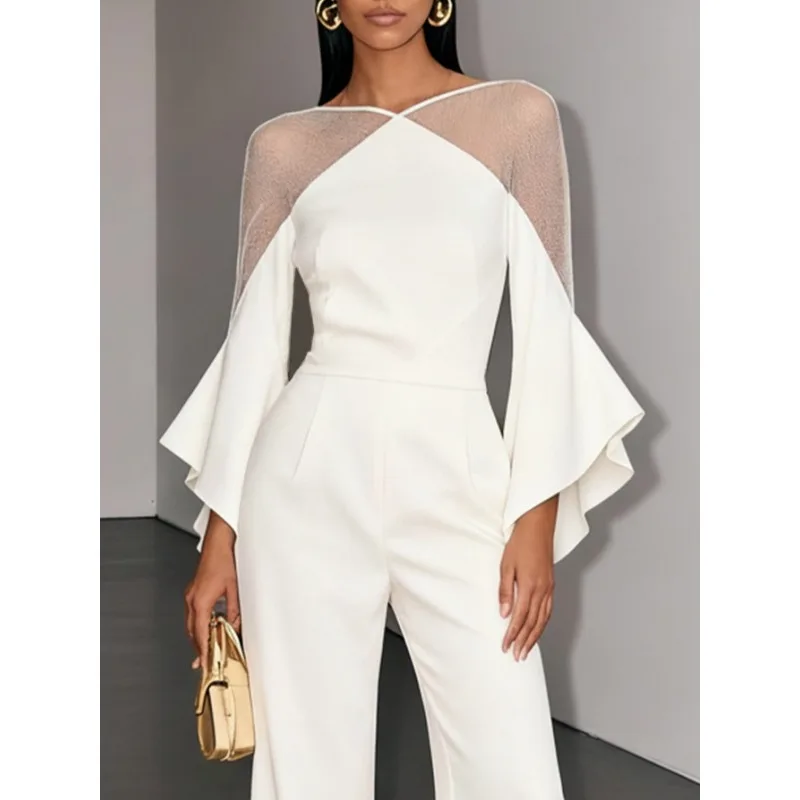 T Sigur Wit Tweedelige sets Mesh Patchwork Flare Sleeve Tops Wijde pijpen Hoge taille Lange broek Nieuw in bijpassende sets 197362