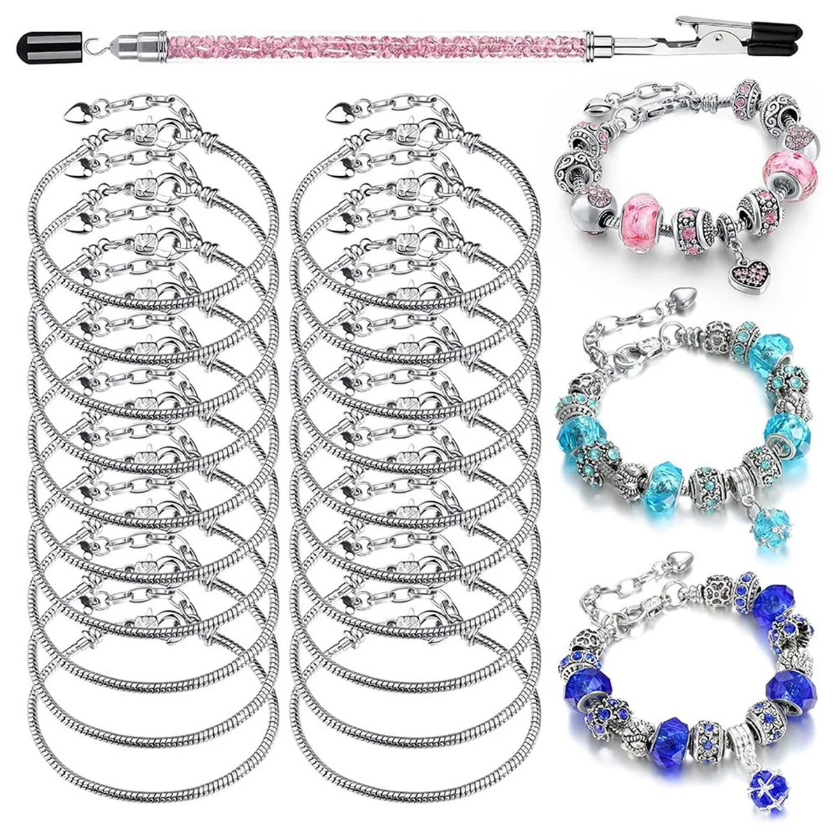 Charm Bracelet Chains for Jewelry Making, 20 PCS Stainless Steel Snake Chain Bracelets with Bracelet Helper Tool