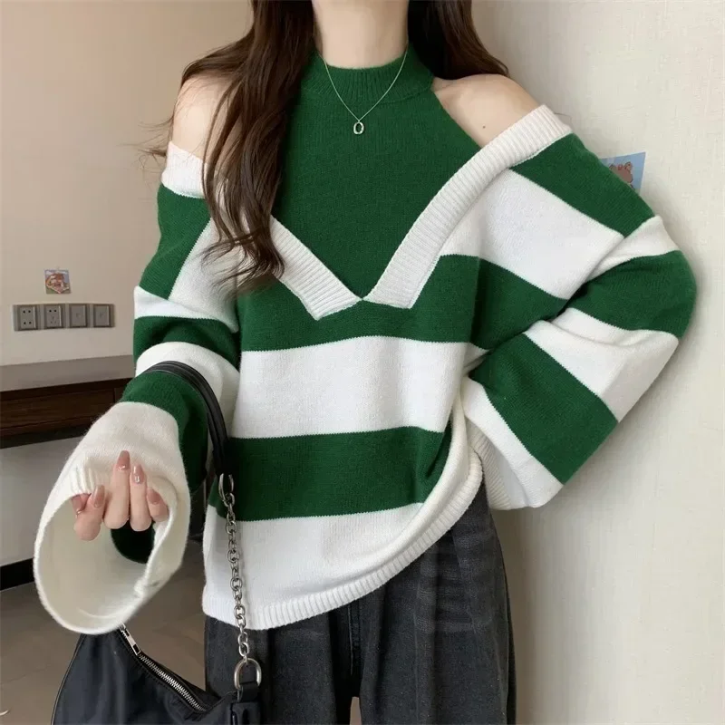 Fashion Women'S Korean Sweater Fake Two-Piece Neck Hanging Pullover Top Off Shoulder Striped V-Neck Sweater Korean Kpop Tops Y2k