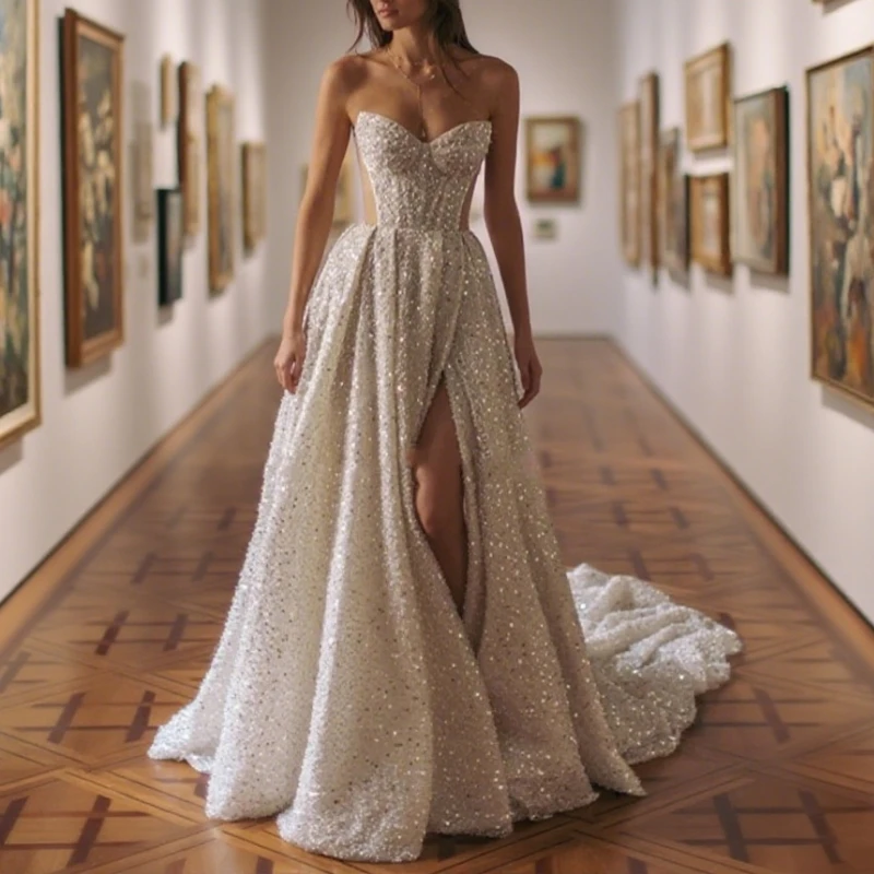 

Customized Glitter Wedding Dresses A-Line Bridal Gowns Sequin Appliques Sleeveless Backless Robes Gorgeous Vestidos De Novia