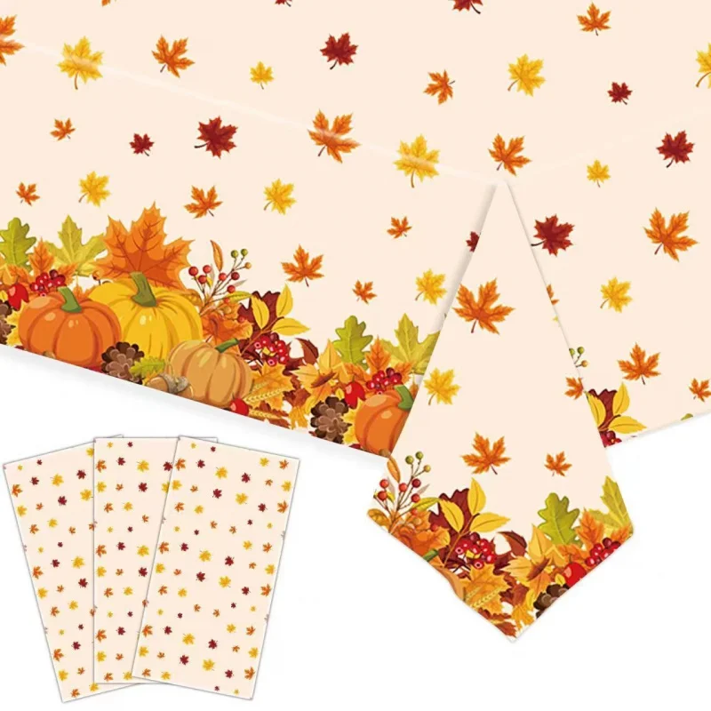 1pc Thanksgiving Disposable Tablecloth Autumn Waterproof Maple Leaf Pumpkin Fall Harvest Party Decor Dinner Table Cover