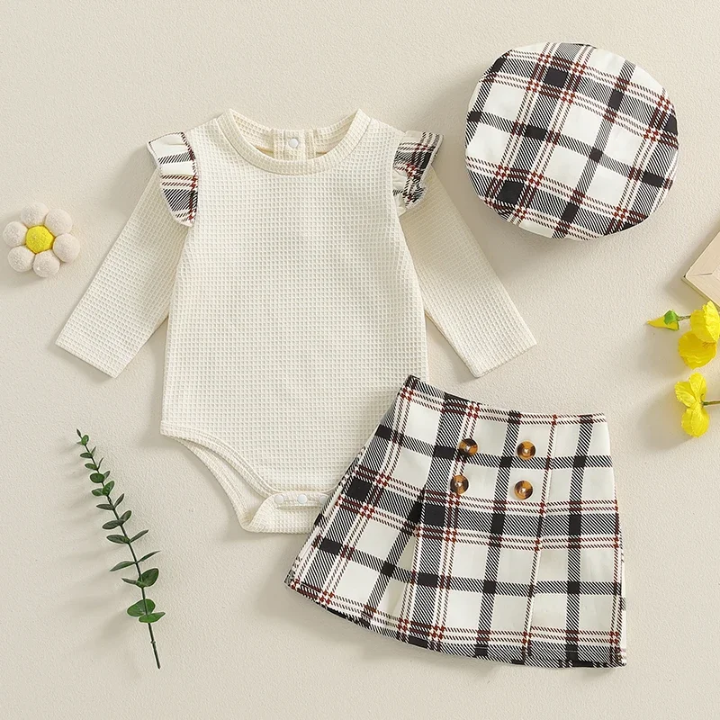 Lioraitiin Baby Girls Clothes Sets Ruffles Long Sleeve Ribbed Romper+Plaid Print A-Line Skirts Hats