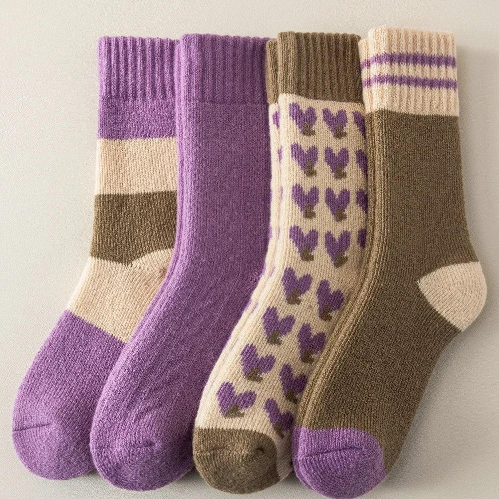 4 Pairs  Women Thick Warm Fleece Socks Cute Kawaii Winter Socks Casual Middle Tube Thermal Socks Cute Heart Purple