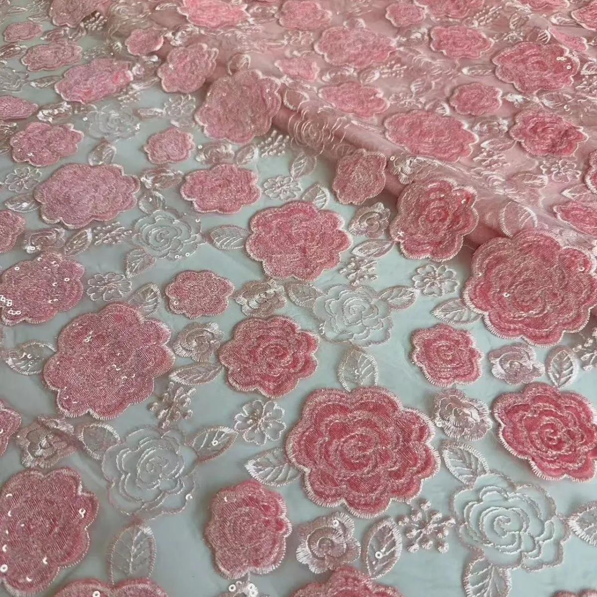 5 Yards Mesh Laser Flannel Sequined Flower Embroidered Cloth Dress Skirt Wedding Fabric ·