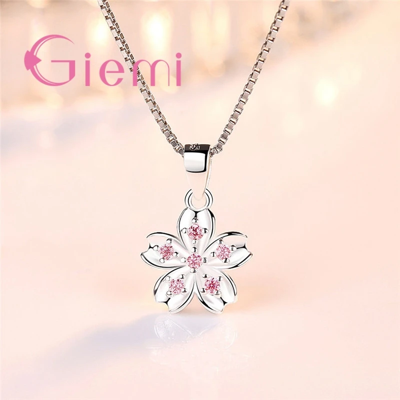 High Quality Cherry Blossoms Flowers Five Petals Design Pink Clear CZ 925 Sterling Silver Women Bridal Wedding Pendant Necklace