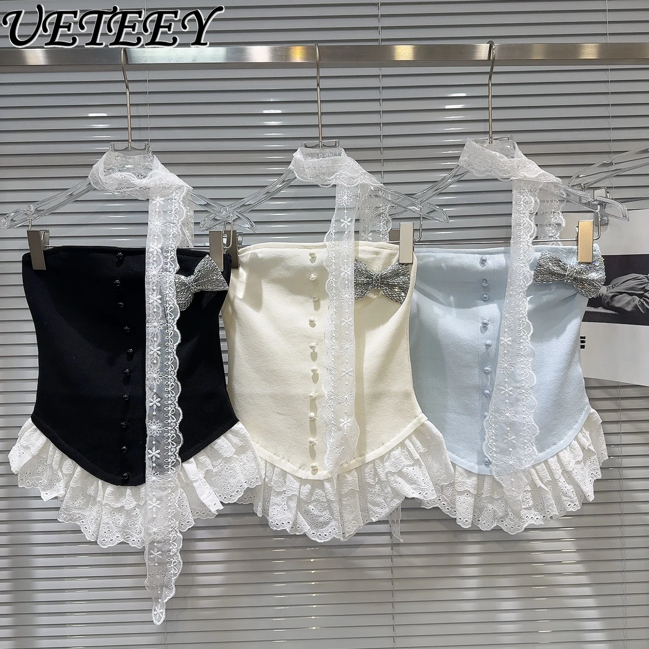 

Summer New Sweet Cute Girlish Temperament Slimming Outerwear Vest Fashion Versatile Rhinestone Bow Lace Strap Tube Top
