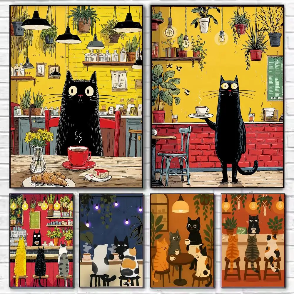 HD Whimsical Cat Cafe Wall Art Poster Retro Kitchen Illustration Tabby Calico Black Barista Cats Home Decor Dining Room Gift